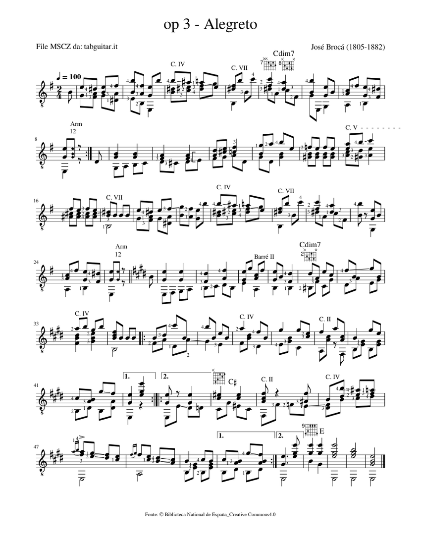 Alegreto, op 3 – José Brocá Sheet music for Guitar (Solo) | Musescore.com