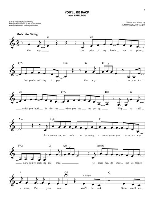 You'll Be Back (from Hamilton) - Lin-Manuel Miranda (Easy Lead Sheet - Fake Book)