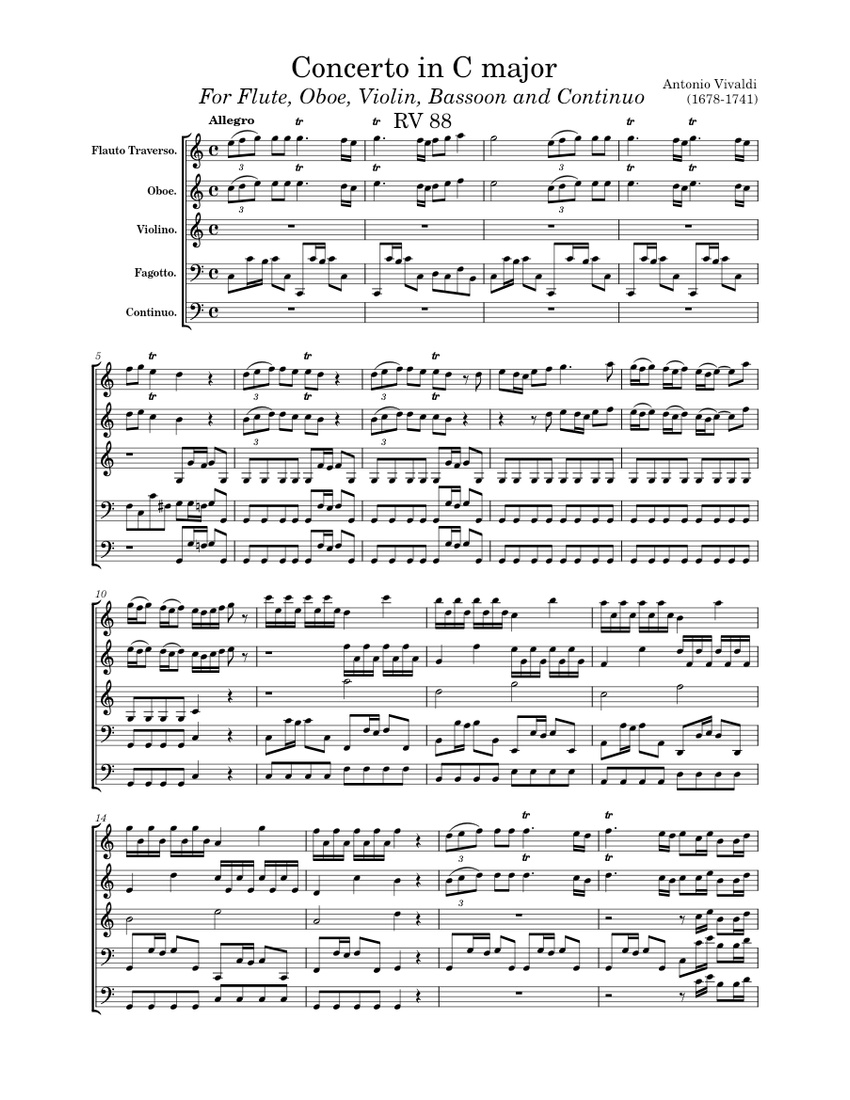 Chamber Concerto in C major, RV 88 Antonio Vivaldi Sheet music for