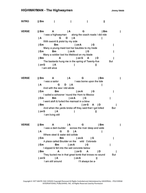 The Highwayman (Arr. Bronson Ferdinand Wright) - Highwaymen (Guitar Chords-Lyrics)