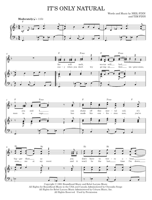 It's Only Natural - Crowded House, The Chicks (Piano-Vocal-Guitar)