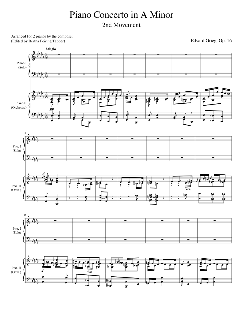Grieg Piano Concerto in A Minor - 2nd for 2 pianos) Sheet music for Piano (Piano Duo) | Musescore.com