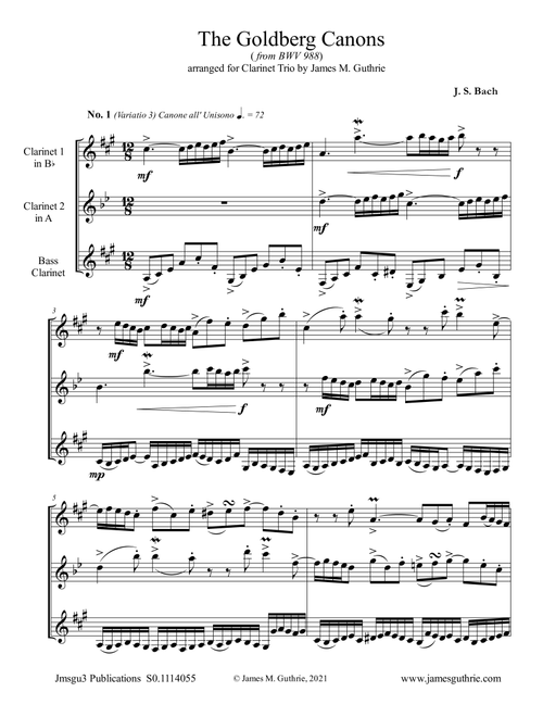 BACH: The Goldberg Canons from BWV 988 for Clarinet Trio (Arr. James M. Guthrie) - J. S. Bach (Woodwind Ensemble)