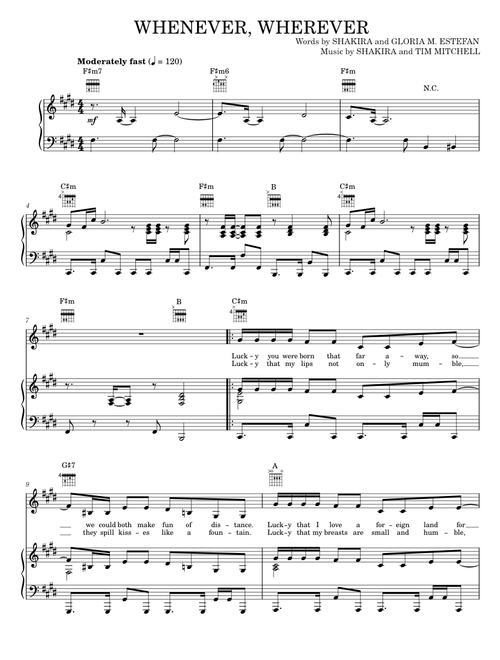 Whenever wherever - Shakira (Piano-Vocal-Guitar)