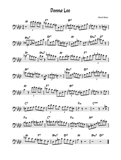 Donna Lee – Charlie Parker - lead sheet, bass clef, up 8va from Real Book ver.