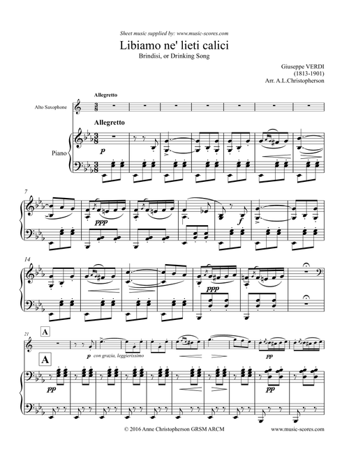 Verdi: Libiamo ne lieti calici - Brindisi from La Traviata - Alto Saxophone & Piano (Arr. Anne Christopherson GRSM ARCM) - Verdi Giuseppe (Alto Sax and Piano)