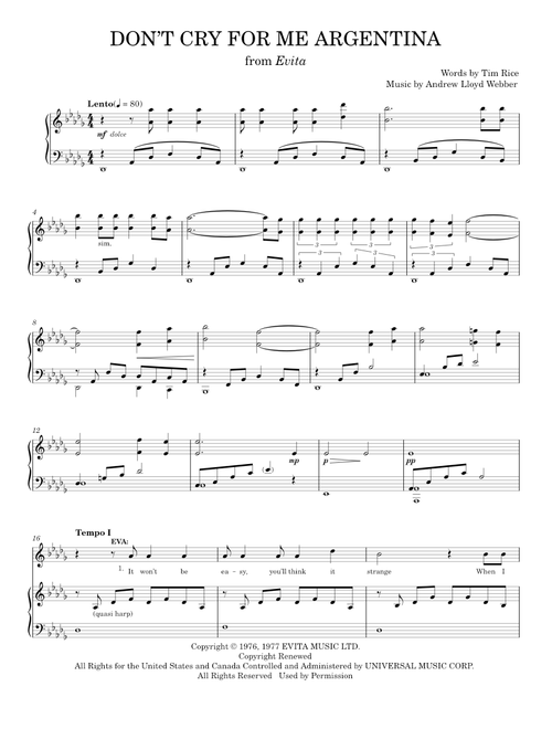 Don't Cry For Me Argentina - Andrew Lloyd Webber, Evita Musical, Madonna (Piano Vocal)