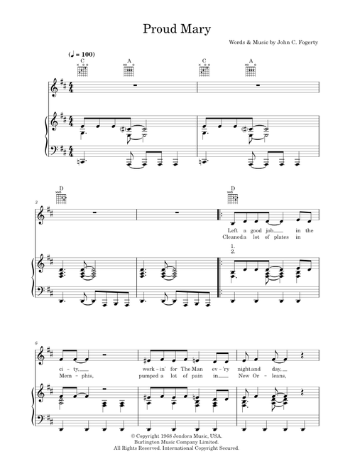 Proud Mary - Creedence Clearwater Revival, Ike & Tina Turner (Piano-Vocal-Guitar (Piano Accompaniment))