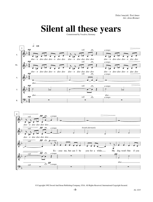 Silent All These Years (Arr. Jetse Bremer) - Tori Amos (Choral, 5-Part)