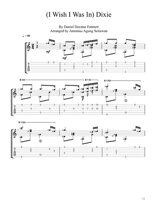 I Wish I Was In Dixie (Arr. Antonius Agung Setiawan) - Daniel Decatur Emmett (Guitar Tab)