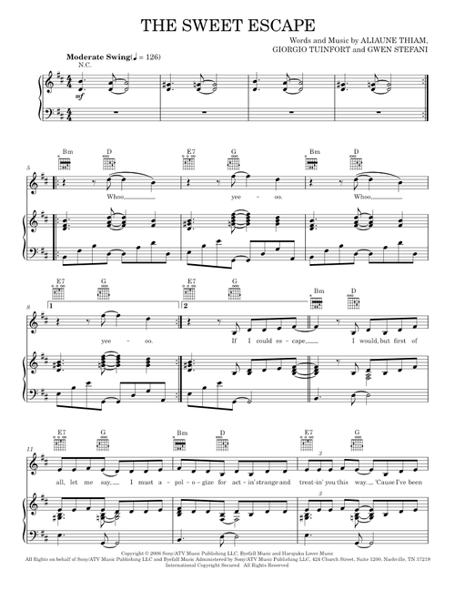 The Sweet Escape - Akon, Gwen Stefani, Gwen Stefani featuring Akon (Piano-Vocal-Guitar)