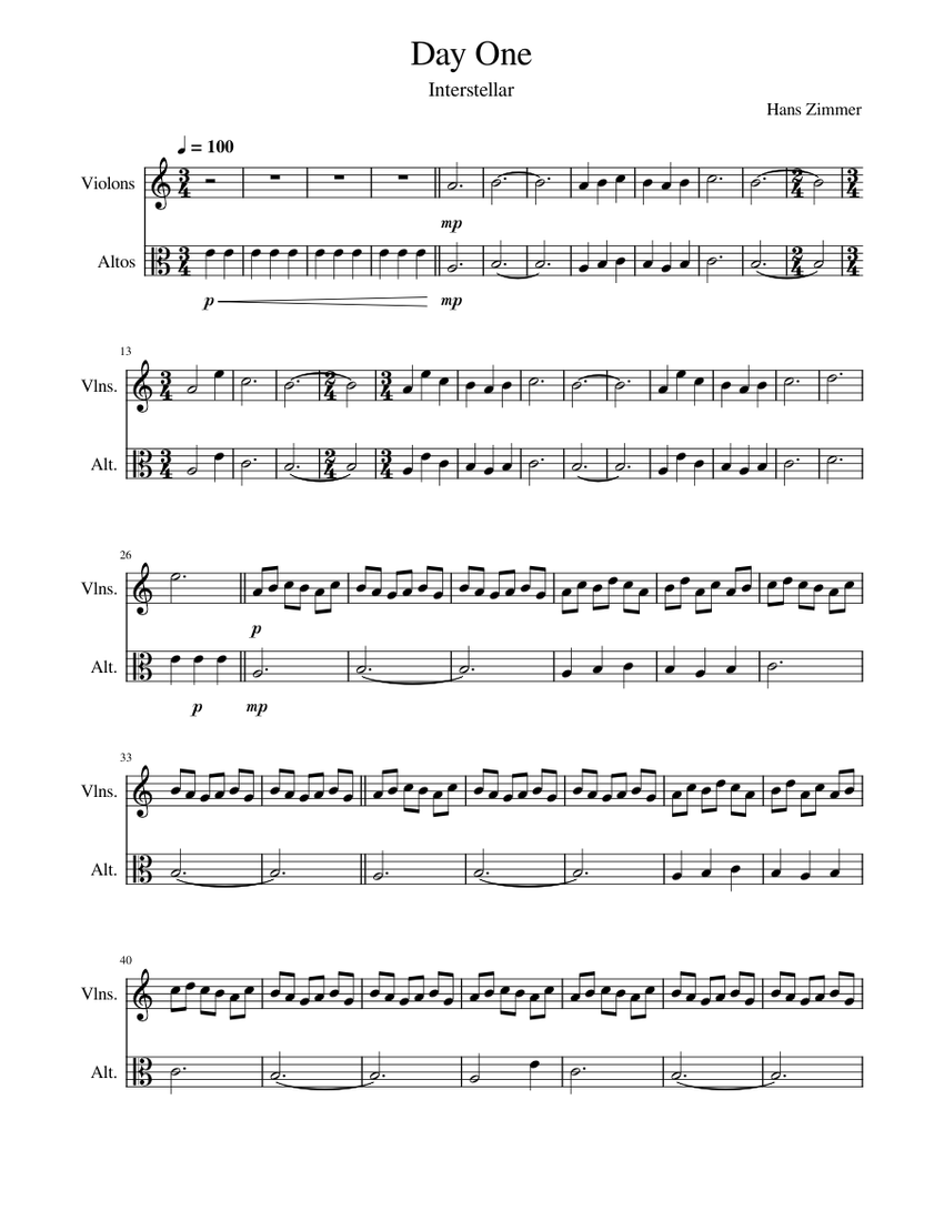 Interstellar Day One Arrangement for String Duet Sheet music for