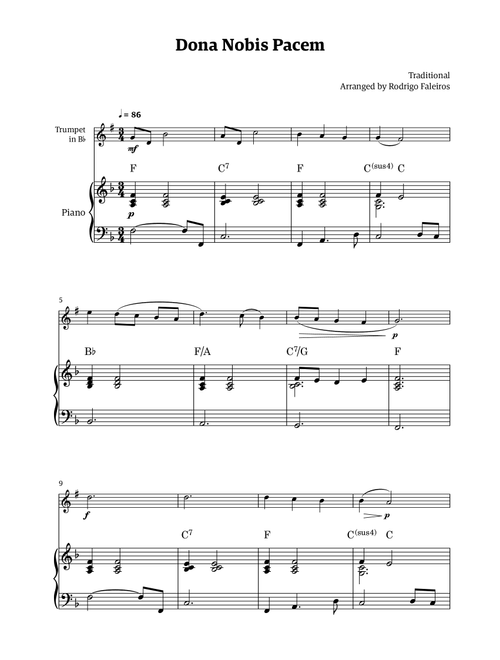 Dona Nobis Pacem - for trumpet (with piano accompaniment with chords) (Arr. Rodrigo Faleiros) - Traditional (Trumpet and Piano)