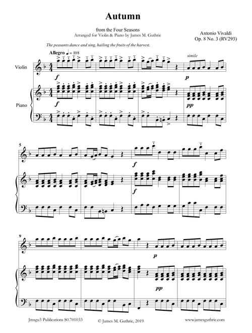 Vivaldi: Autumn from the Four Seasons for Violin & Piano (Arr. James M. Guthrie, ASCAP) - Antonio Vivaldi (Violin and Piano)