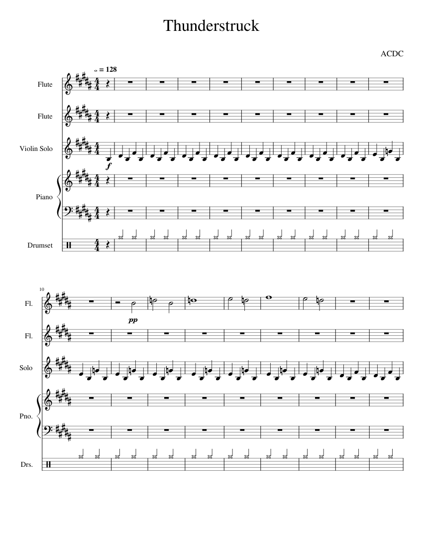 Thunderstruck Remastered Sheet Music for Piano, Flute, Violin, Drum ...