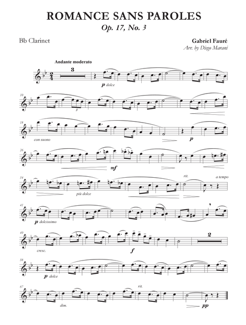 Romances Sans Paroles Op. 17, No. 3 for Clarinet and Piano (Arr. Diego Marani) - Gabriel Fauré (Clarinet and Piano)