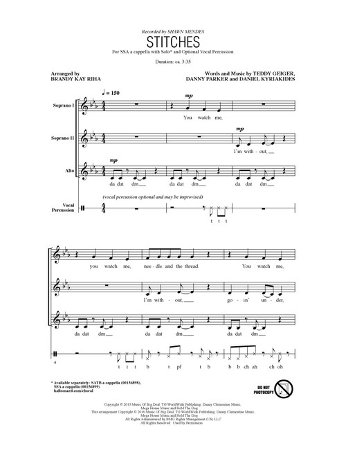 Stitches (arr. Brandy Kay Riha) - Shawn Mendes, Teddy Geiger, Danny Parker (Choral, SSA)