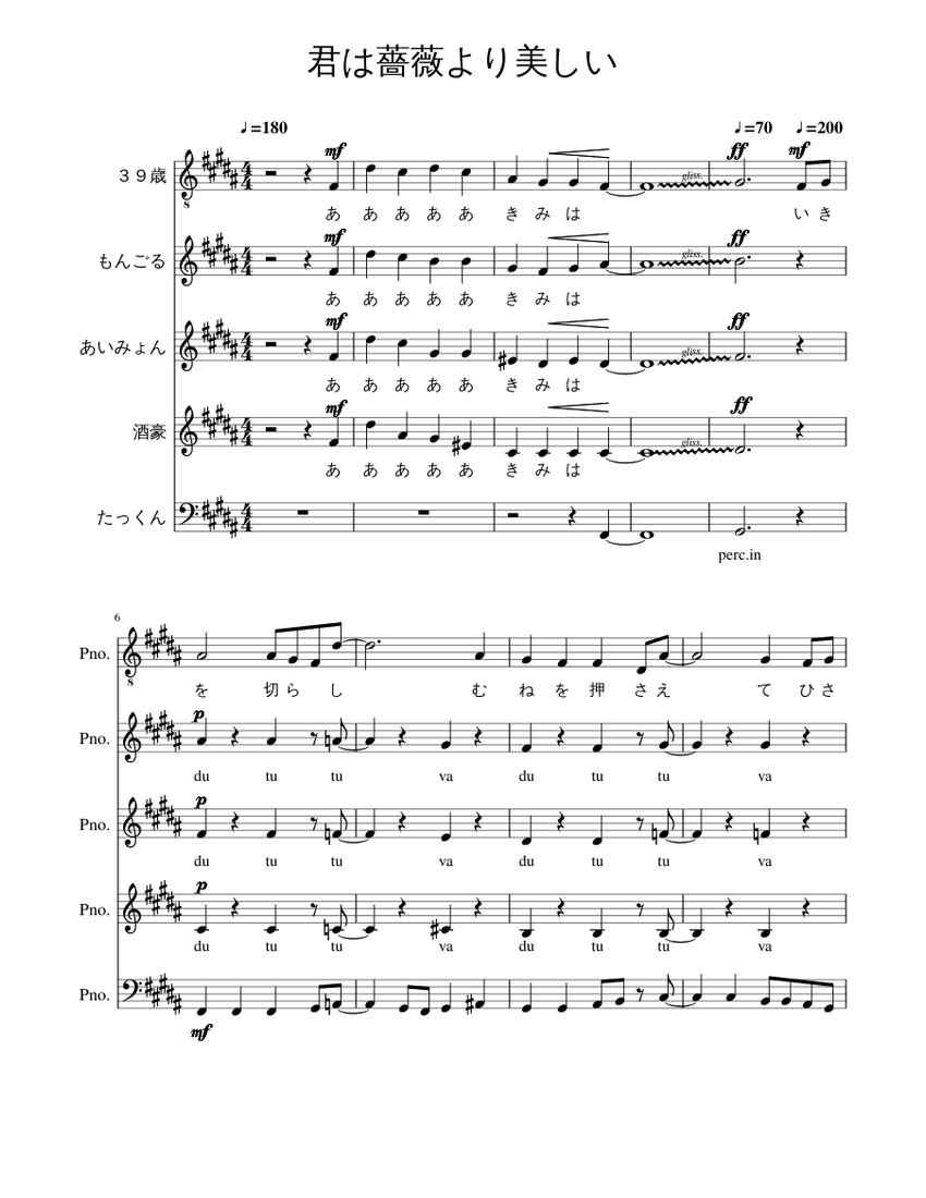 君は薔薇より美しい Sheet Music for Piano (Mixed Quintet