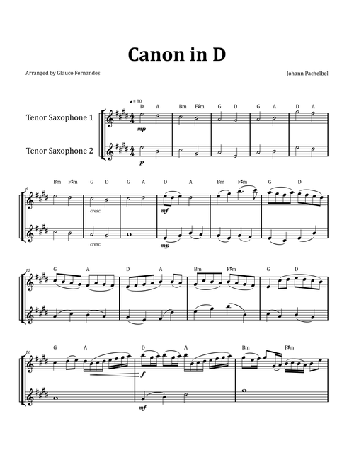 Canon by Pachelbel - Tenor Saxophone Duet with Chord Notation (Arr. Glauco Fernandes) - Johann Pachelbel (Tenor Sax Duet)