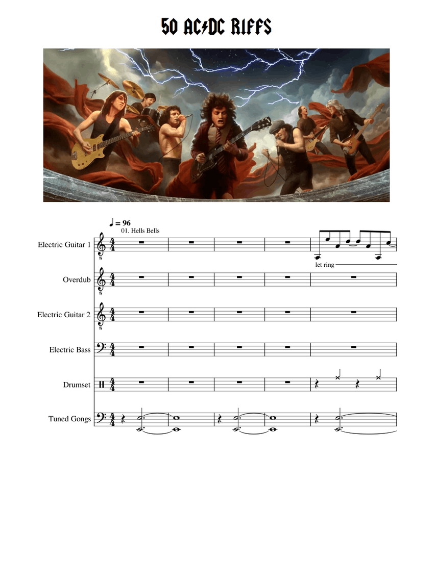 50 AC/DC RIFFS Sheet music for Guitar, Bass guitar, Drum group, Gong ...
