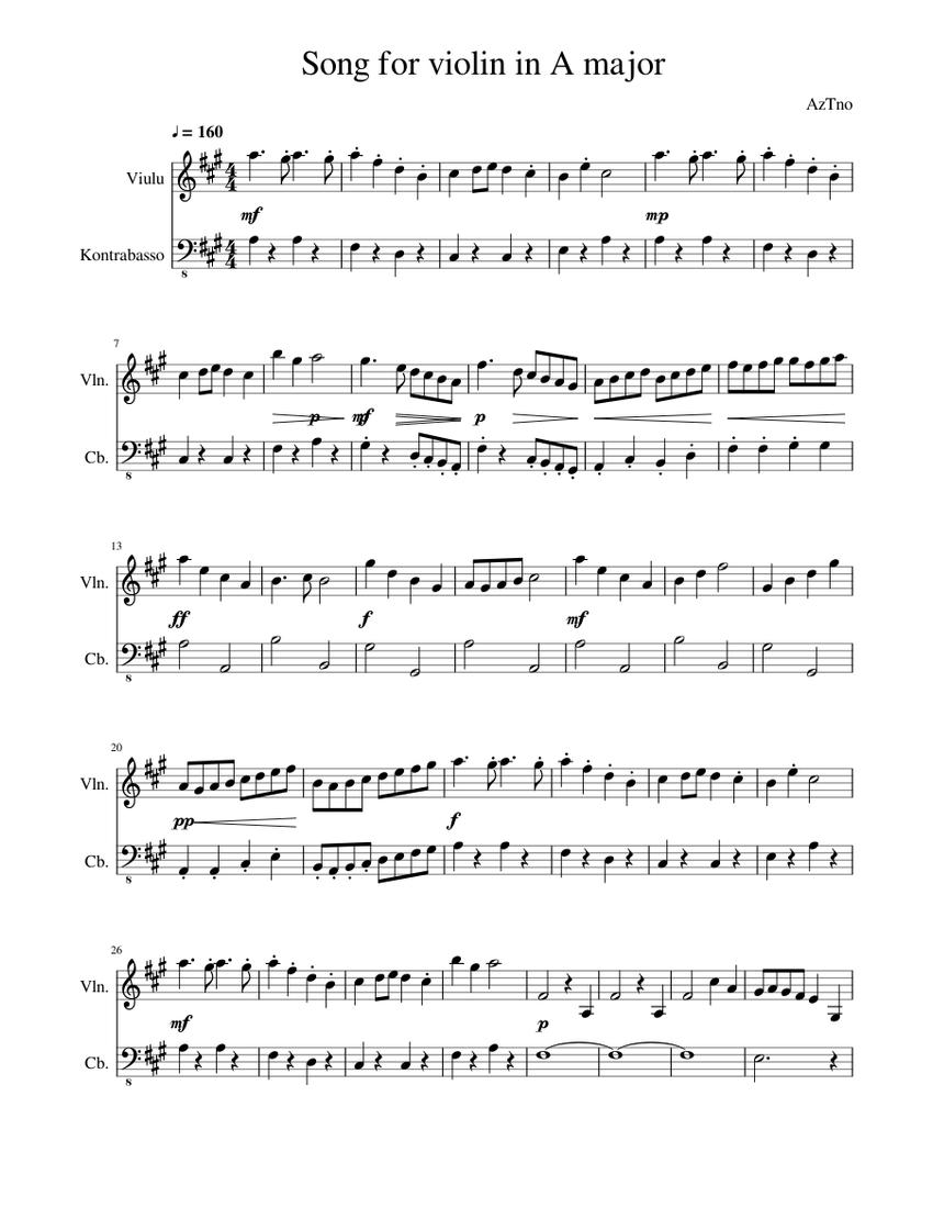 Violin song in A major Sheet music for Contrabass, Violin (String Duet