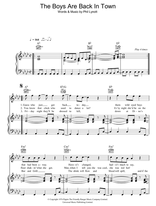 The Boys Are Back In Town - Thin Lizzy (Piano-Vocal-Guitar (Piano Accompaniment))