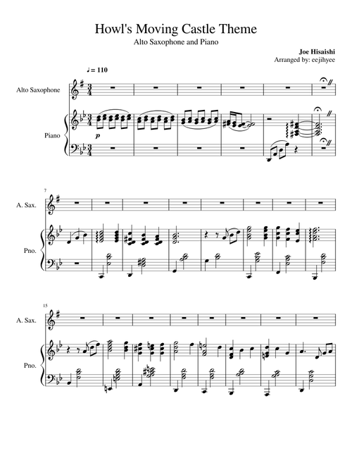 Howl's Moving Castle Theme (Alto Saxophone and Piano Duet)