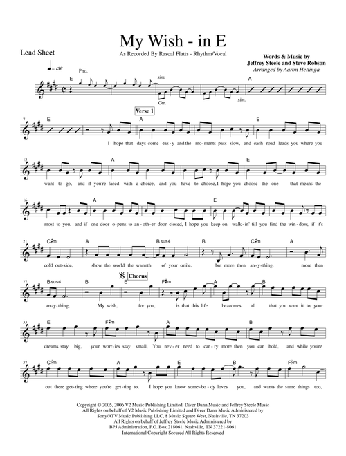 My Wish (Arr. Aaron Hettinga) - Rascal Flatts (Lead Sheet - Fake Book)