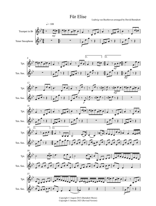 Fur Elise for Trumpet and Tenor Saxophone Duet (Arr. David Burndrett) - Ludwig Van Beethoven (Instrumental Duet)