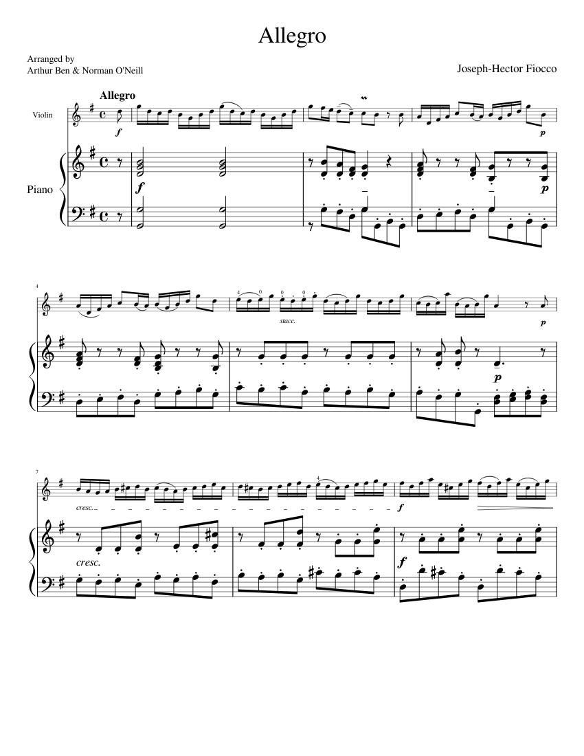 Allegro in G by Joseph-Hector Fiocco Sheet Music for Piano, Violin ...