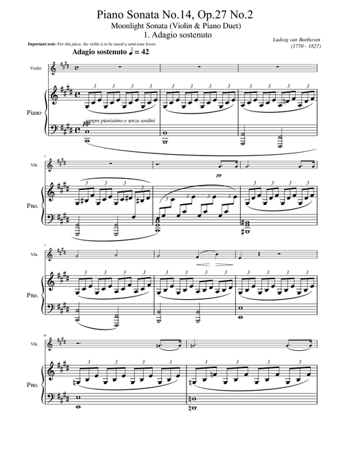 Beethoven - Piano Sonata No.14, Op.27 No.2 - Mov 1 - Moonlight Sonata (Violin & Piano Duet) Original (Arr. poon) - Ludwig Van Beethoven (Violin and Piano)