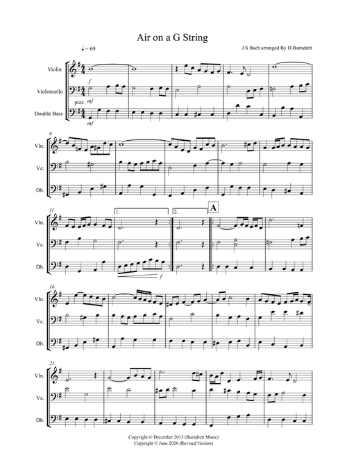 Air on a G String for Violin, Cello and Double Bass Trio (Arr. D.Burndrett) - JS Bach (Small Ensemble)