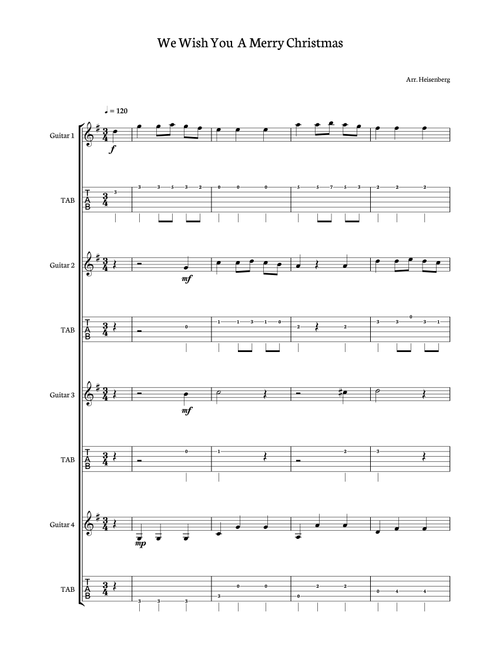We Wish You a Merry Christmas for guitar quartet with tab. Score and parts Included. (Arr. Heisenberg) - English Christmas Carol (Guitar Ensemble)