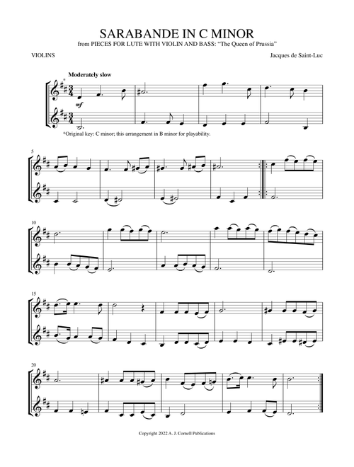 Sarabande in C Minor (from Pieces for Lute with Violin and Bass: “The Queen of Prussia”) (Arr. Mark Phillips) - Jacques de Saint-Luc (Violin Duet)