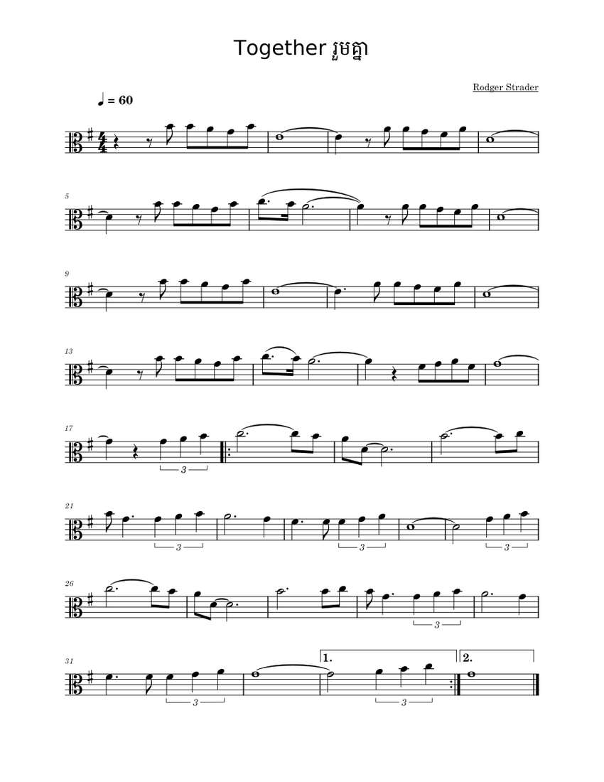Together rodger strader viola sheet music for piano solo