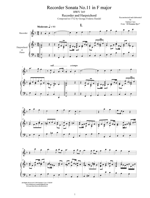Handel - Sonata No.11 in F major Op.1 HWV 369 for Recorder and Harpsichord (Arr. Santino Cara) (Flute and Piano)
