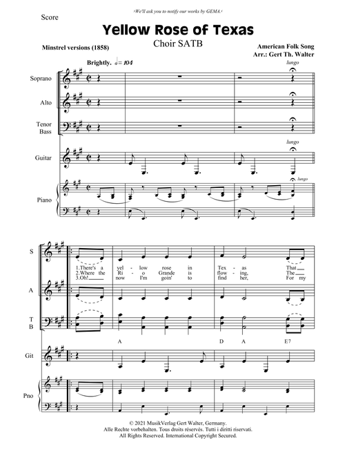 Yellow Rose of Texas (Arr. Gert Th. Walter) - American Folk Song (Choral, SATB)
