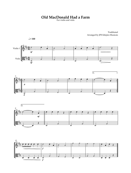 Old MacDonald Had A Farm - Violin and Viola Duet - Easy in D Major (Arr. JPS Edições Musicais) - Thomas D'Urfey (Instrumental Duet)