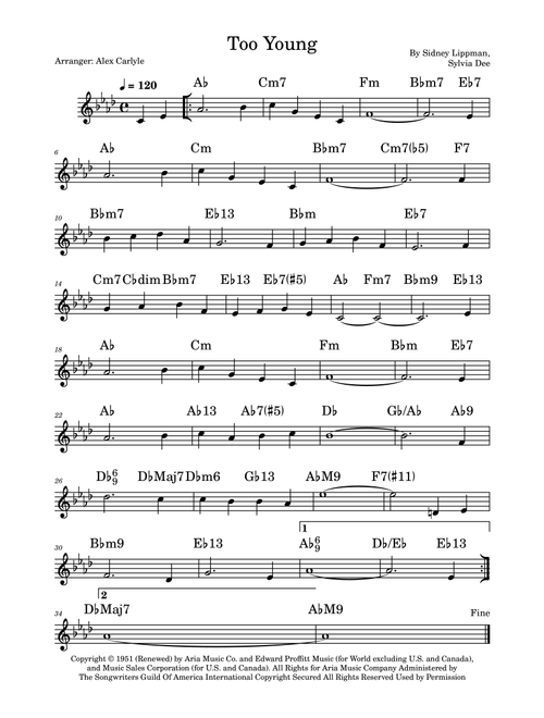 Too Young (Arr. Alex Carlyle) - Sylvia Dee, Sidney Lippman (Lead Sheet - Fake Book)