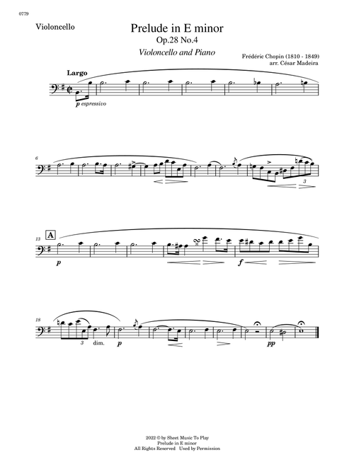 Prelude in E minor by Chopin - Cello and Piano (Individual Parts) (Arr. César Madeira) - Frederic Chopin (Cello and Piano)