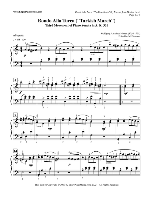 Rondo Alla Turca ("Turkish March") Piano Solo--Original Version Written in 4/4 Time Signature (Arr. MJ Summer) - Wolfgang Amadeus Mozart (Piano Solo)
