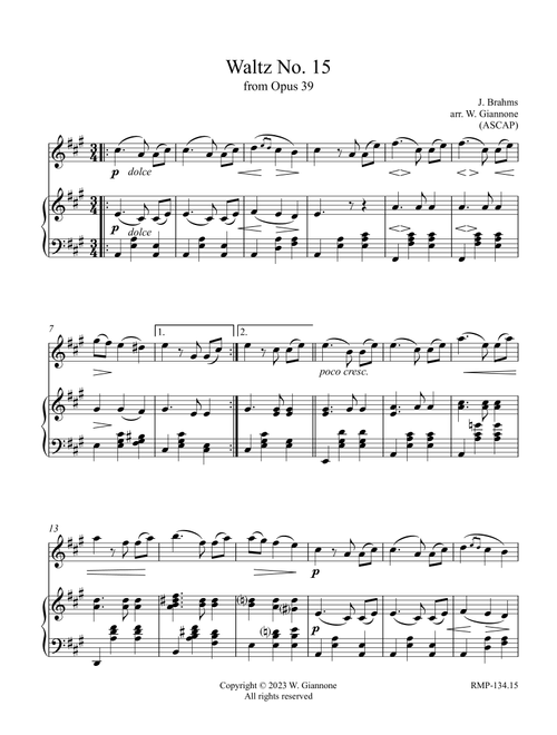 Brahms - Waltz No. 15 from Op. 39 (Arr. W. Giannone) - J. Brahms (Flute and Piano)