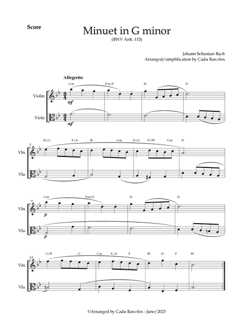Minuet in G minor BWV anh 115 (Bach) Violin and Viola chords (Arr. Cadu Barcelos) - Johann Sebastian Bach (Instrumental Duet)