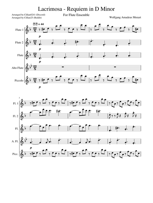 Mozart - Lacrimosa, Requiem in D minor for Flute Ensemble