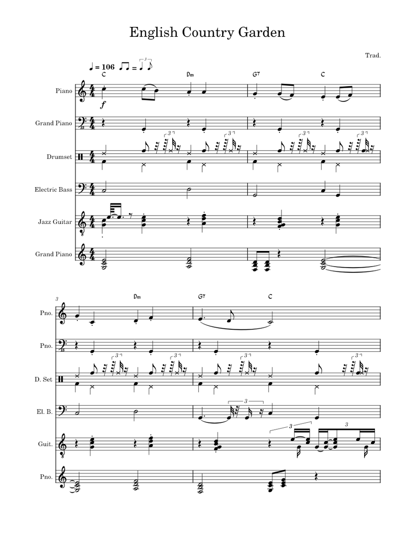 English Country Garden Sheet Music with Chords for Piano