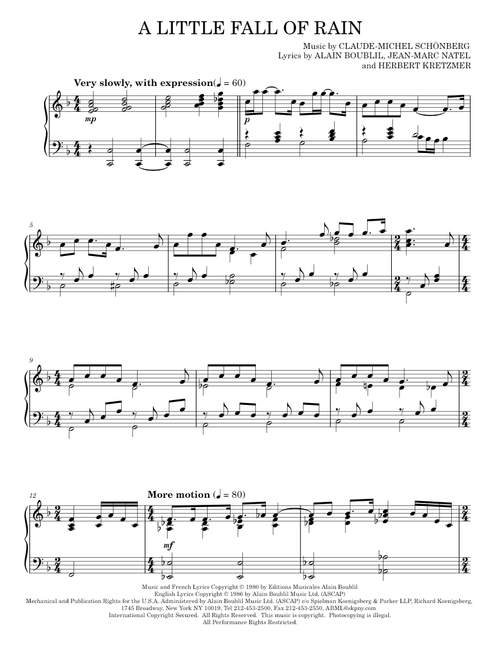 A Little Fall Of Rain - Les Miserables Musical, Susan Boyle (Piano Solo)