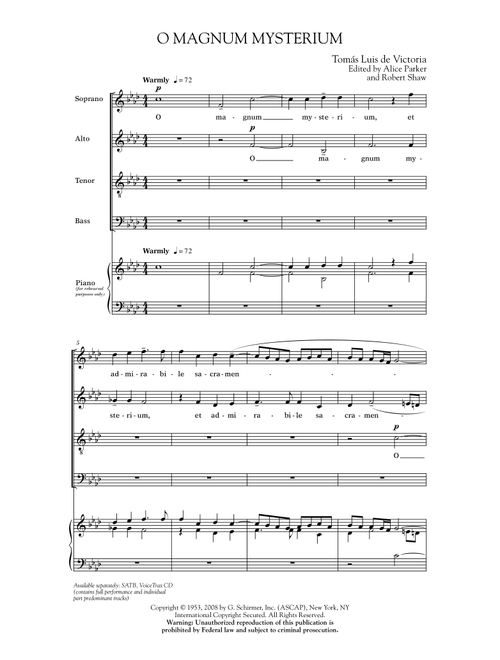 O Magnum Mysterium (ed. Alice Parker and Robert Shaw) - Tomas Luis De Victoria (Choral, SATB)