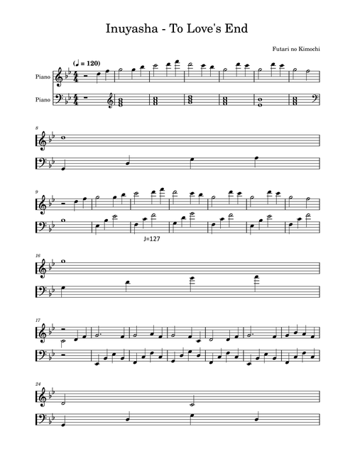 Inuyasha - To Love's End (Piano Solo) (Arr. Futari no Kimochi) (Piano Solo)