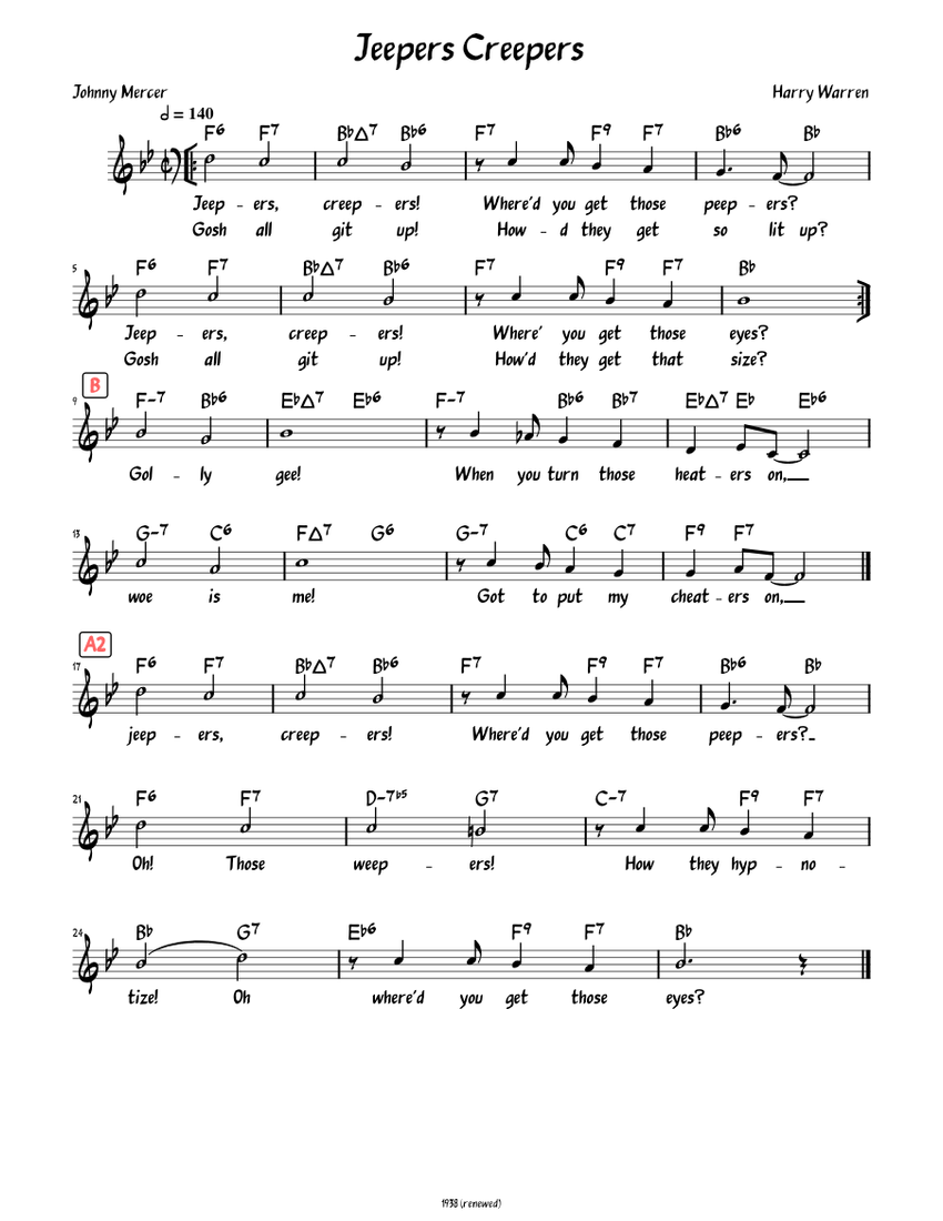 Jeepers Creepers (Lead sheet with lyrics ) piano tutorial