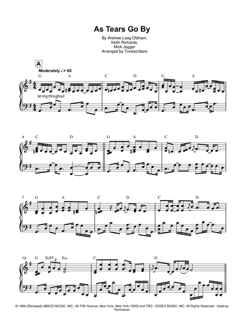 As Tears Go By (Arr. Tunescribers) - Andrew Loog Oldham, Mick Jagger, Keith Richards (Piano Solo)